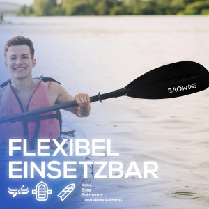 24MOVE Doppelpaddel, schwarz, mit Person im Kajak. Ideal für Stand-Up Paddling und Kajak.