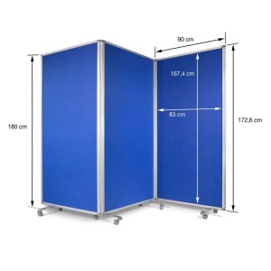 Blaue, dreiteilige KARAT Filz Stellwand 180x180 cm mit Rollen und Aluminiumrahmen.