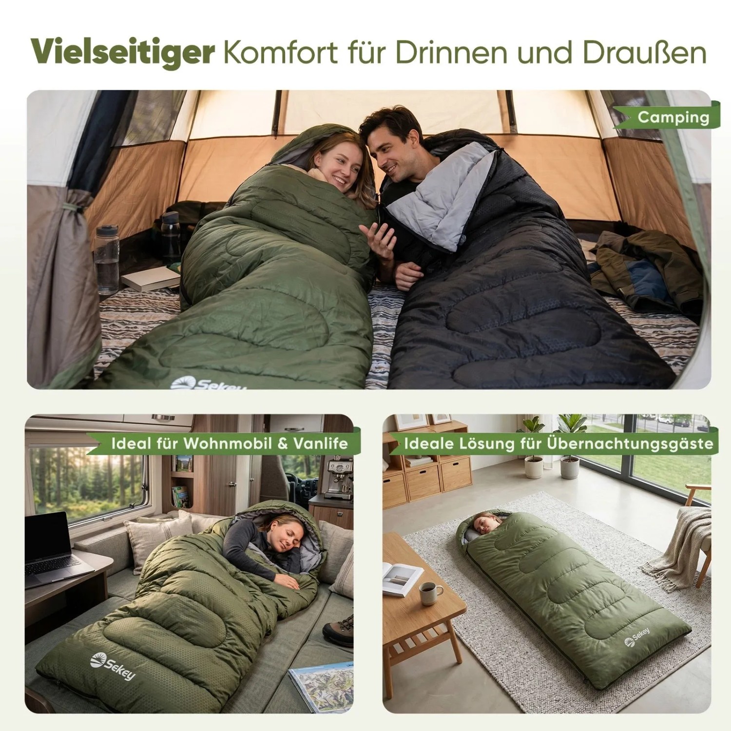 Sekey Deckenschlafsack, 3 Jahreszeiten, grün, für Camping, Wohnmobil und Gäste.