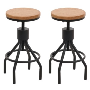 2er Set Barhocker N17 im Industrie Design mit Holz Sitzfläche und schwarzem Metallgestell.
