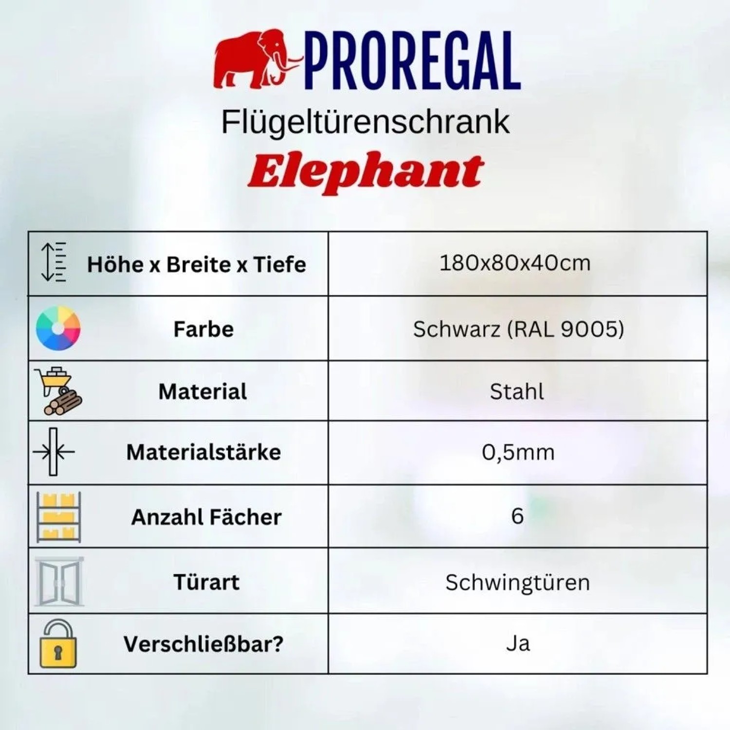 PROREGAL Flügeltürenschrank ELEPHANT Mit 2 Türen Abschließbar HxBxT 180x80x40cm 6 Fächern & Kleiderstange Stahl Pulverbeschichtet Schwarz Spind_8