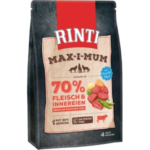Rinti Max-I-Mum Rind Trockenfutter für Hunde, 4kg Packung mit 70% Fleischanteil.