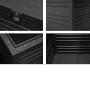 Detailansichten der Weide Aluminium Gartenbox 1050L: Schloss, Ecke, Innenraum, Seitenwand.