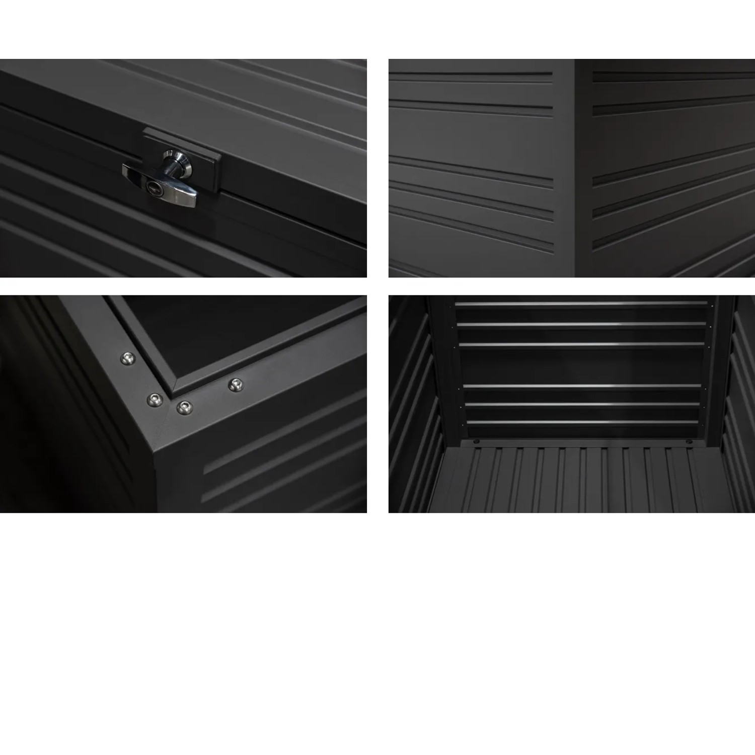 Detailansichten der Weide Aluminium Gartenbox 1050L: Schloss, Ecke, Innenraum, Seitenwand.