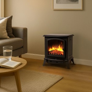 Schwarzer Sannover Elektrokamin Xelia mit 3D-Flammeneffekt im Wohnzimmer. 1800 W Zusatzheizung für gemütliche Atmosphäre.
