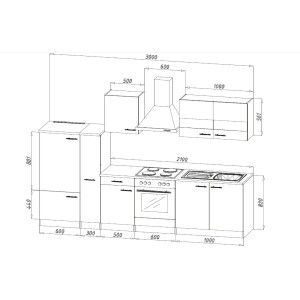 Skizze der Respekta Küchenzeile KB300ESWC, 300 cm, Weiß-Eiche Sägerau Nachbildung, mit Maßen.