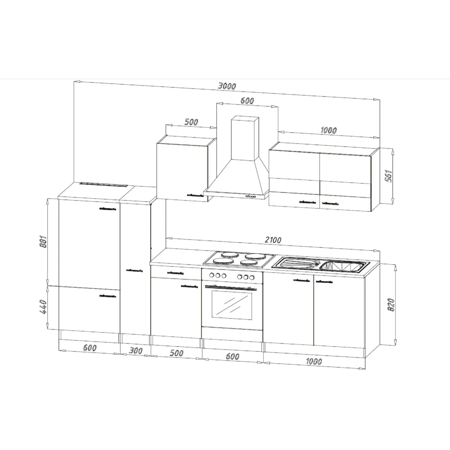 Skizze der Respekta Küchenzeile KB300ESWC, 300 cm, Weiß-Eiche Sägerau Nachbildung, mit Maßen.
