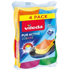 Vileda Topfreiniger Colors, 4er-Pack: Schwämme in Gelb, Orange, Blau und Pink im transparenten Paket.