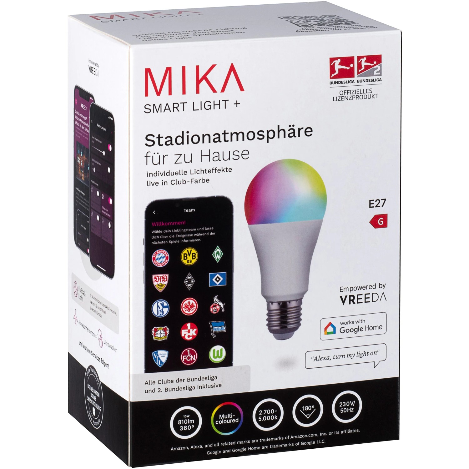 Just Light Smart Light Mika E27 10W: LED Lampe mit Farbwechsel für Stadionatmosphäre im Karton.