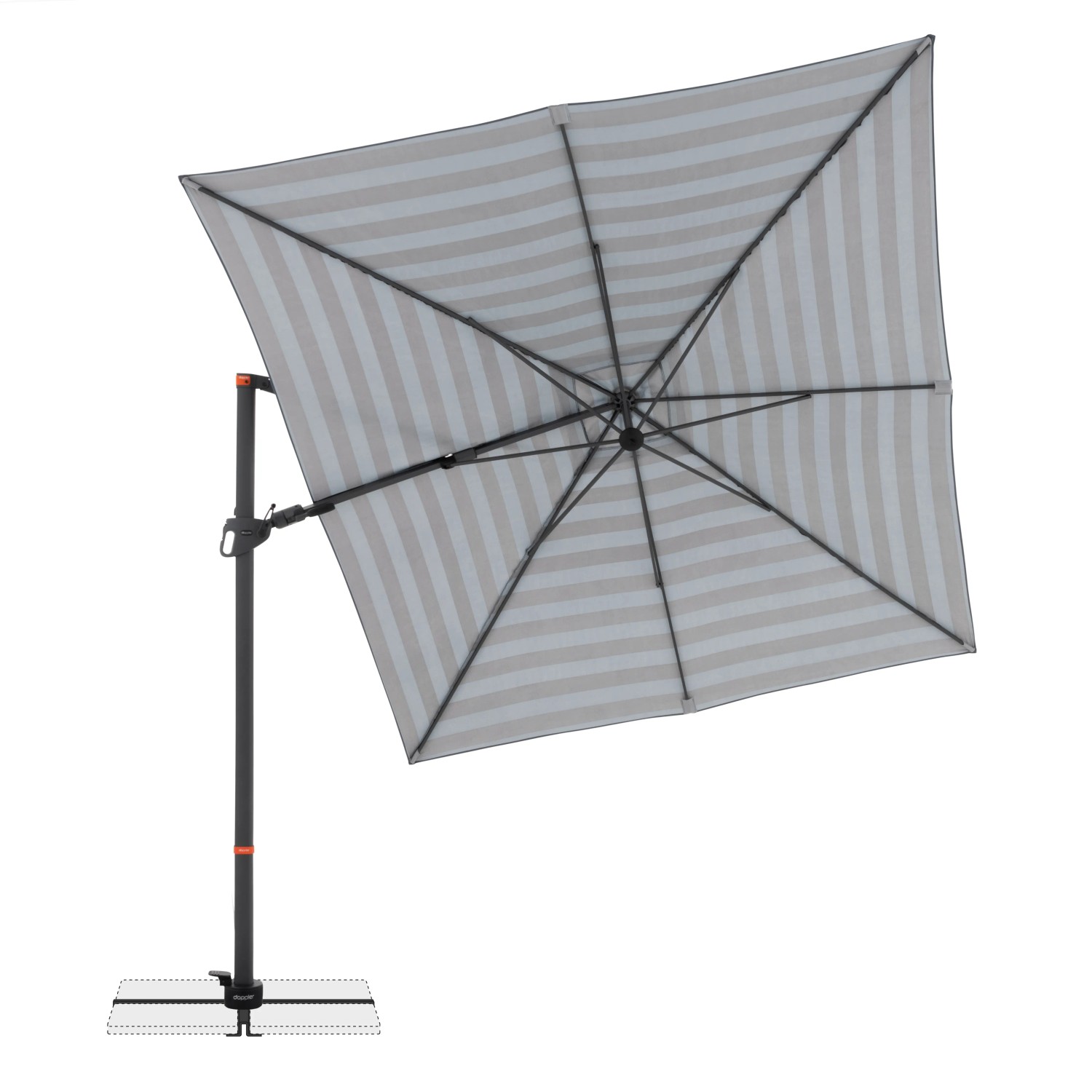 Doppler Ampelschirm myZone AX 320x240 cm, blau-grau gestreift, mit Kurbel und Standkreuz.