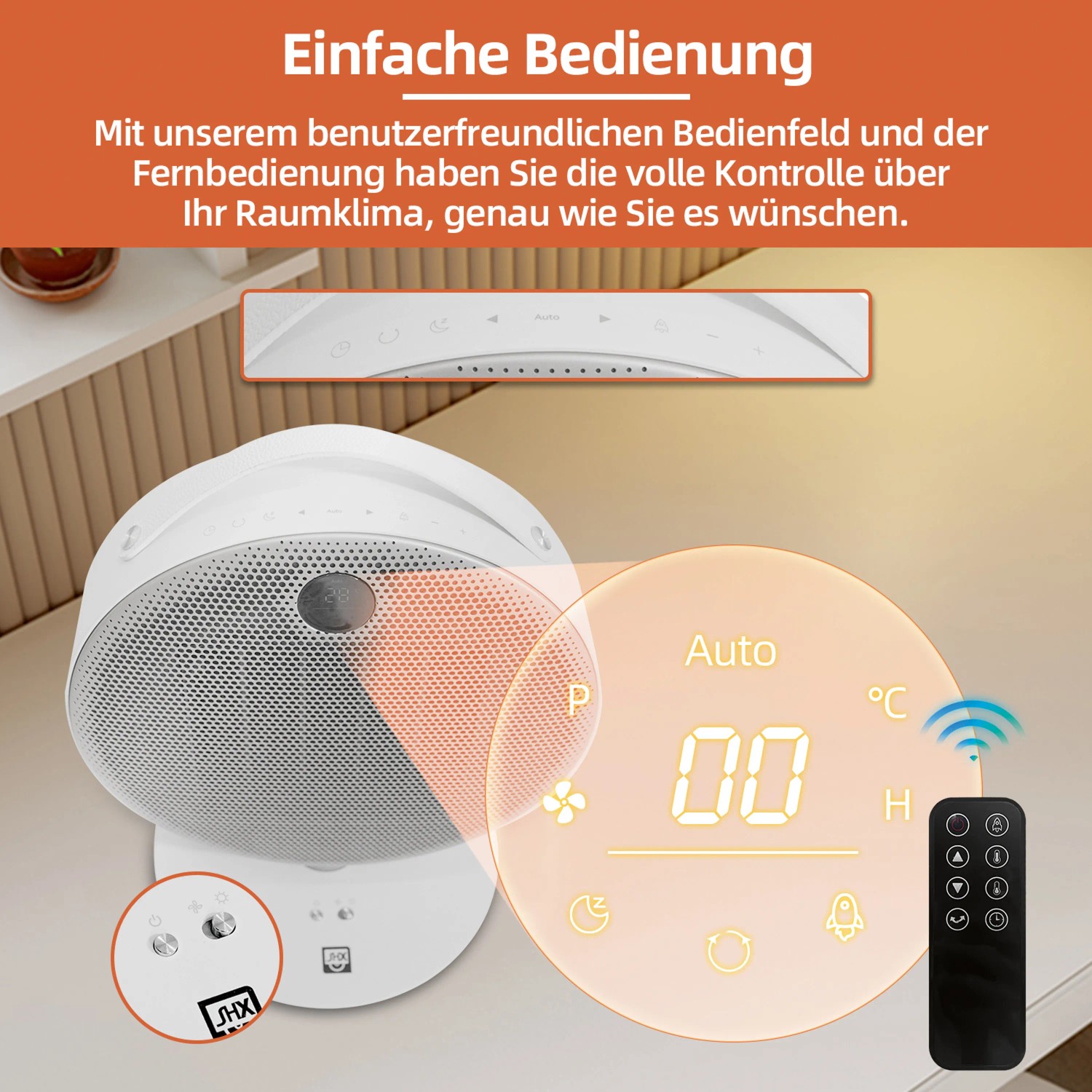 Weißer PTC-Heizlüfter 2200W mit Bedienfeld und Fernbedienung für elektrische Heizgeräte.