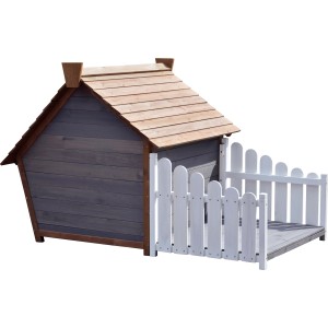 Dobar Hundehütte Porch mit Veranda und weißem Zaun, Comic-Design.