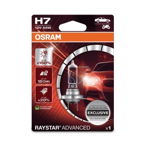 Osram H7 Raystar Advanced Scheinwerferlampe, 1 Stück, für extra starke Leuchtkraft im Auto.