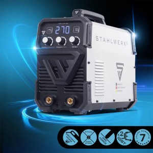 Weißes STAHLWERK ARC 270 ST Schweißgerät mit Digitalanzeige (270 A), robustem Design und IGBT Technologie.