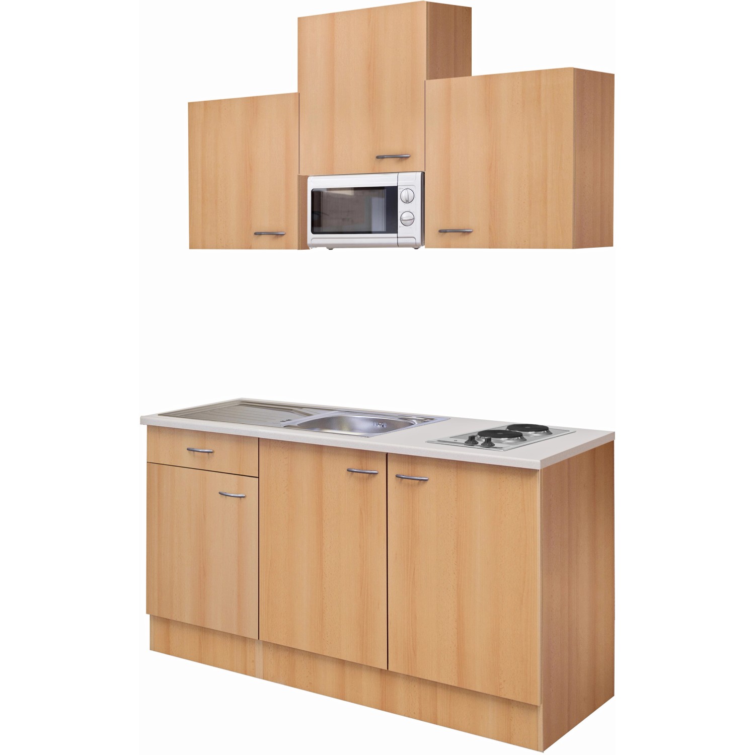 Flex-Well Singleküche Nano 150 cm in Buche Nachbildung mit Kochfeld, Spüle und Mikrowelle.