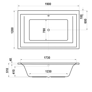 Skizze der Ottofond Badewanne Space, 190x120 cm, mit Maßangaben.