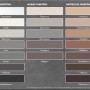 Farbmusterkarte für Knauf Sanitär-Silikon in verschiedenen Farben: Weiß, Grau, Braun und Beige.