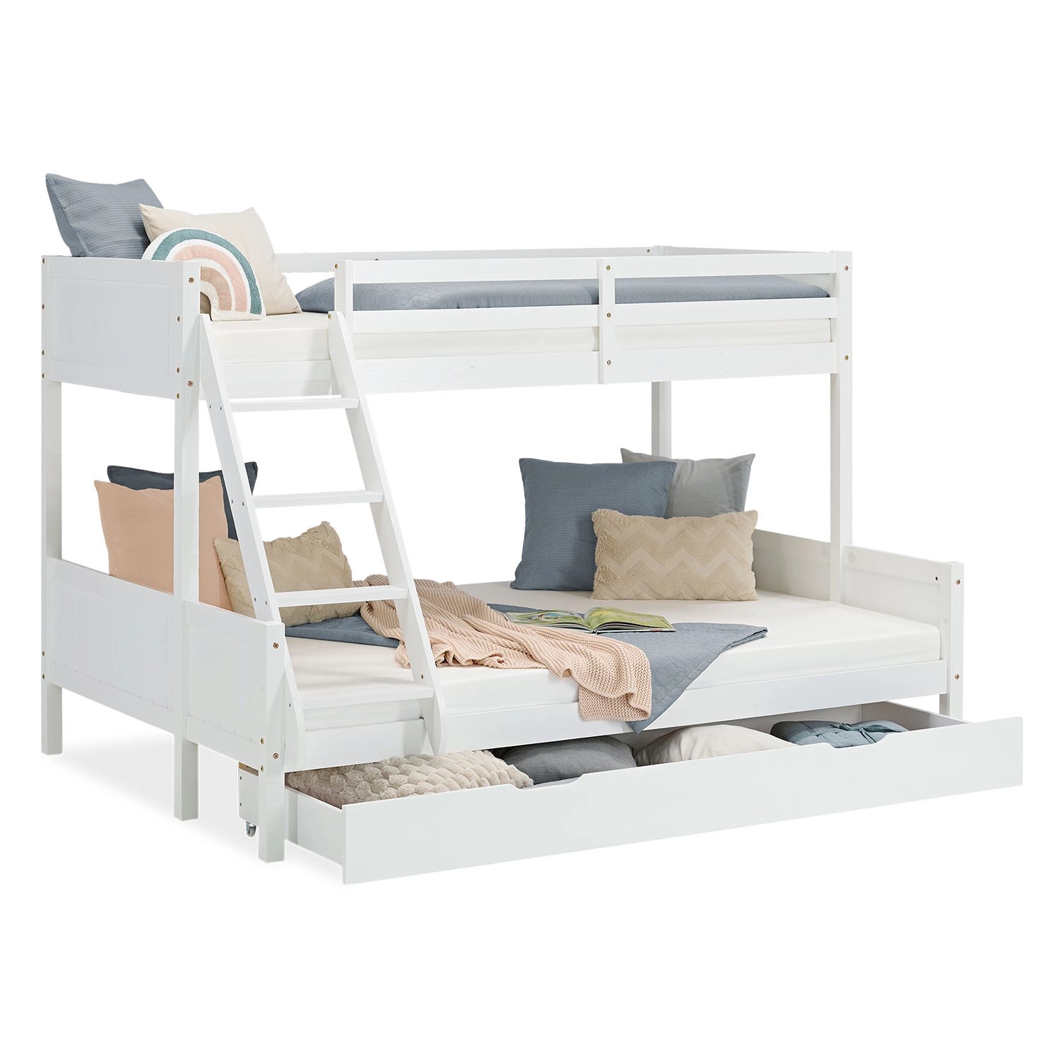 Homestyle4u Etagenbett 90x200 und 140x200 in Weiß mit Lattenrost und Bettkasten 2723