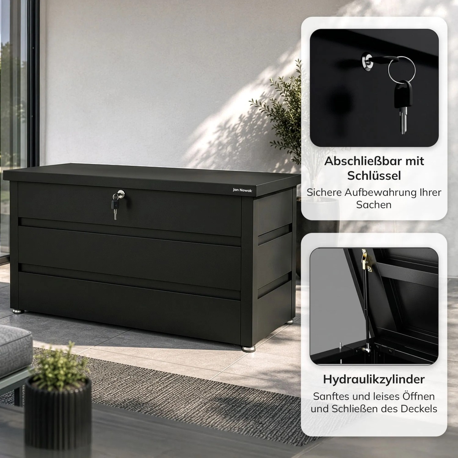 Großer anthrazitfarbener JAN NOWAK Garten- und Balkonkübel CARRIE auf Terrasse. Abschließbar, mit Hydraulikzylindern.