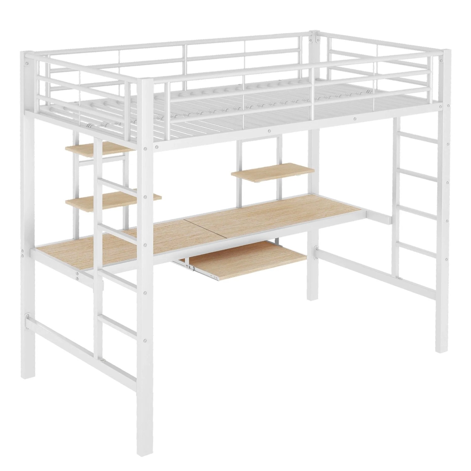okwish Hochbett 90×200 Eisenbett mit Schreibtisch und Zwei Bücherregalen ohne Matratze