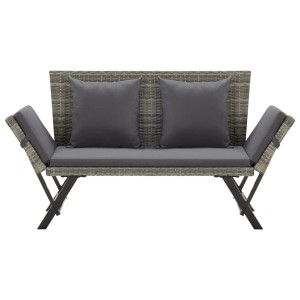 Graue VidaXL Gartenbank aus Rattan mit Auflagen und Kissen, Seitenteile verstellbar.