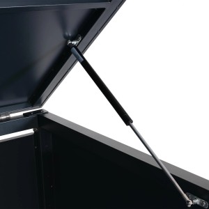 Detailaufnahme: Gasdruckfeder am Deckel der MCW Fahrradgarage/Fahrradbox.