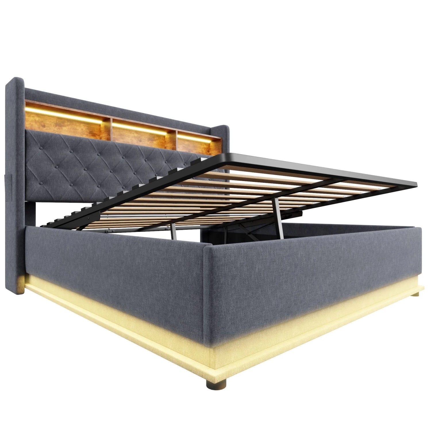 okwish Polsterbett 160x200cm mit LED Stauraumbett Jugendbett Grau ohne Matratze
