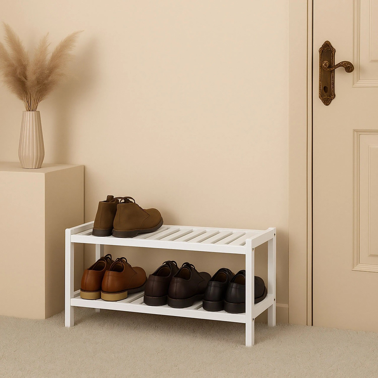 Relaxdays Schuhregal Bambus Weiß 2 Ablagen 33 cm x 70 cm x 26 cm 1,4 kg_3