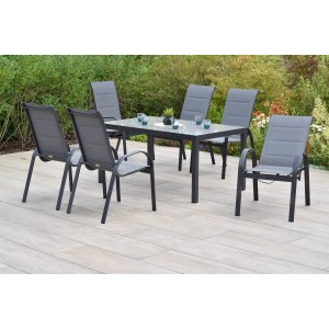 Merxx Amalfi Gartenmöbel-Set, 7-teilig, mit Tisch (150x90 cm) und 6 Stapelsesseln in Grau.