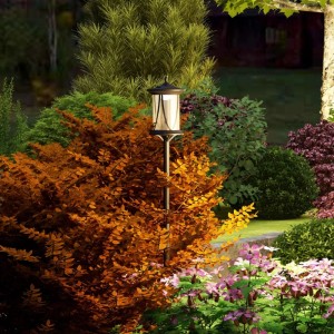 Schwarze Solar-Wegleuchte mit LED in Laternenform, beleuchtet Gartenweg bei Dämmerung, umgeben von Herbstlaub. Wetterfest.
