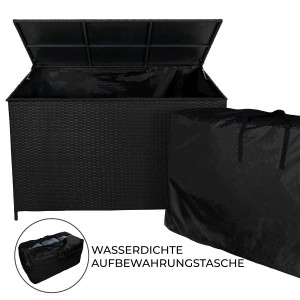 Schwarze Rattan Kissenbox mit wasserdichter Tasche für Gartenmöbel-Kissen.