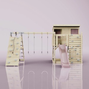 PolarPlay Spielturm Aksel altrosa mit Schaukel, Rutsche und Kletterwand für Kinder.