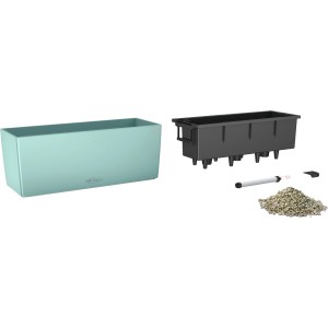 Lechuza Balconera Color 50, pastellgrüner Blumenkasten mit Bewässerungssystem und Zubehör.