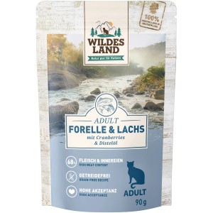 Wildes Land Katzen-Nassfutter Forelle & Lachs, getreidefrei, 90g Packung.