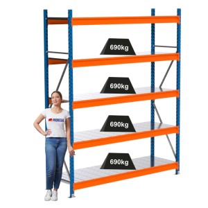 PROREGAL Industrie Weitspannregal Lagerregal MAXIMUS PRO Grundregal HxBxT 250x200x60cm 5 Stahlplatten-Fachboden Fachlast 690kg Blau/Orange