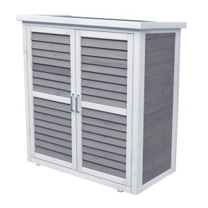 Leco Gartenschrank Momo, 95 cm, grau-weiß, mit Lamellentüren und wasserdichtem Dach.