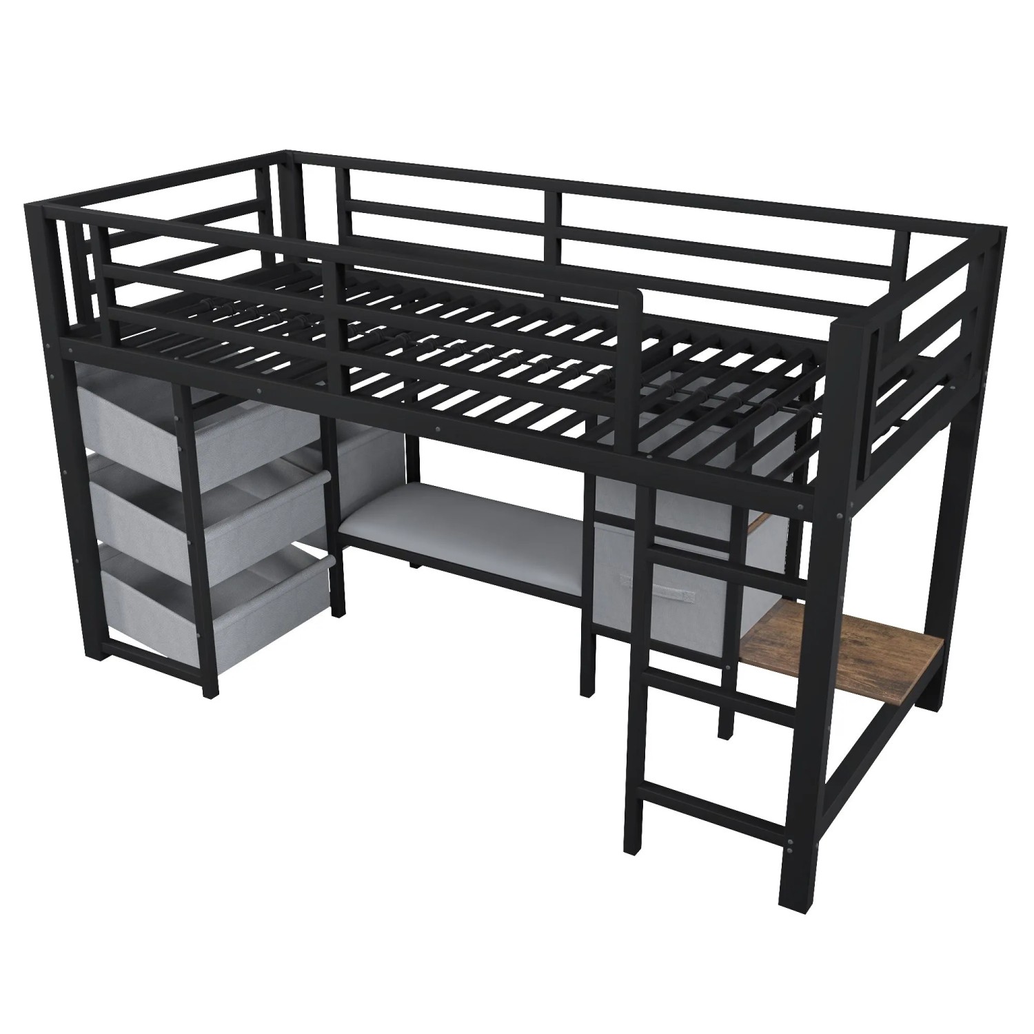 okwish Metall Halbhohes Bett 90x200cm mit Sitzkissen und LED Schwarz ohne Matratze