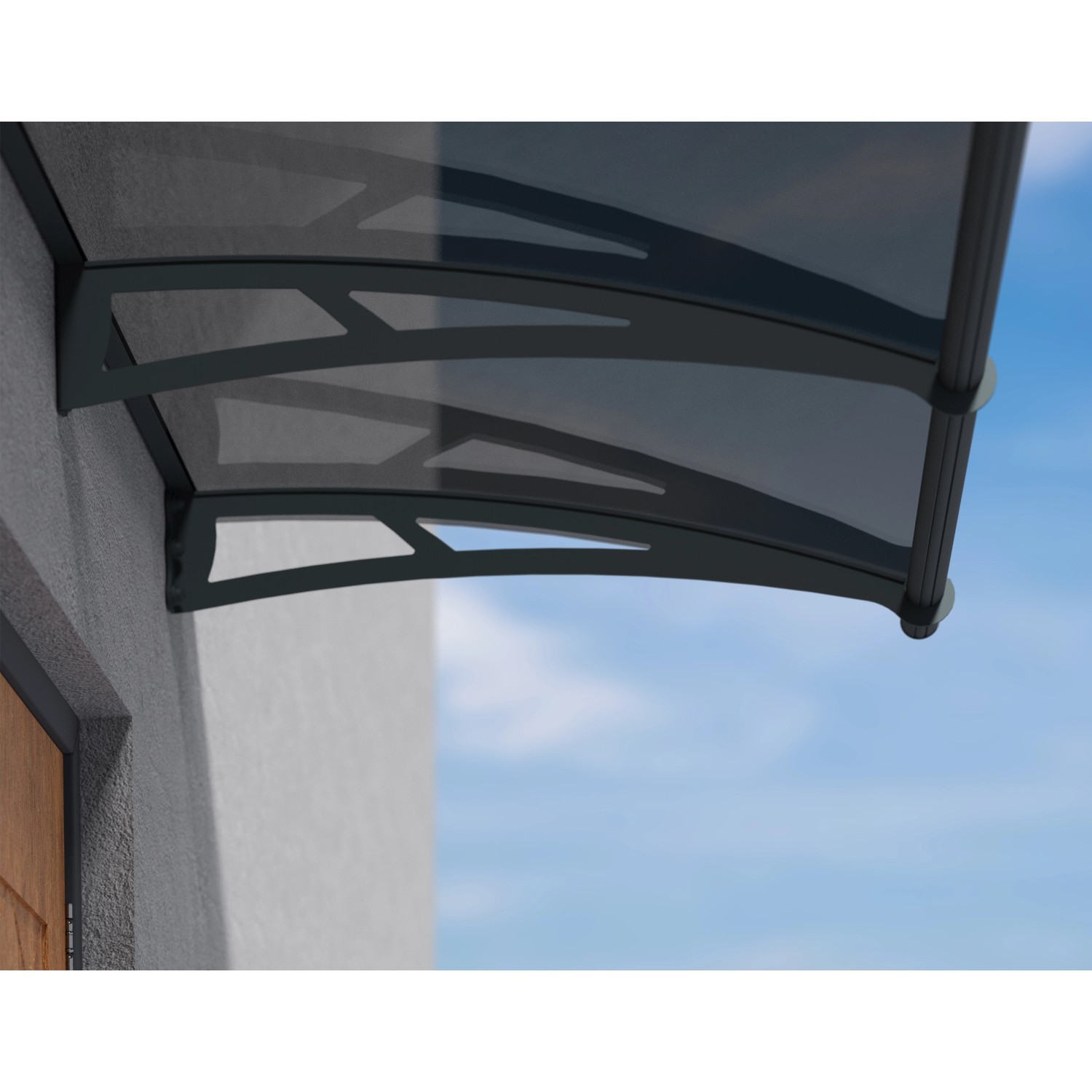 Graues Palram Canopia Vordach Aquila, 150 cm breit, mit getönter Platte und Befestigung an einer Hauswand.