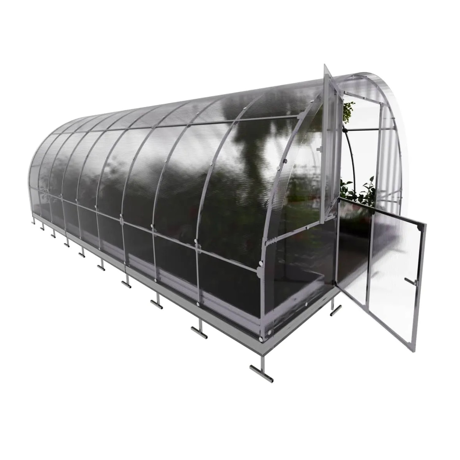 Klasika Tube Gewächshaus 18m² mit 6mm Polycarbonat, Rohrrahmen, offene Tür.