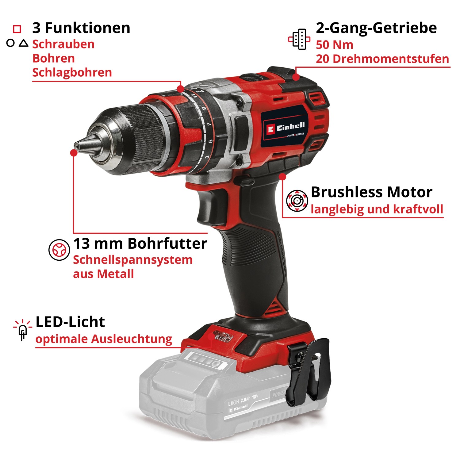 Einhell Akku-Schlagbohrschrauber TP-CD 18/50 Li-i BL Solo mit Akku. Ideal zum Schrauben und Bohren.