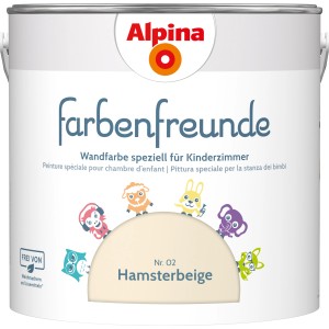 Alpina Farbenfreunde Hamsterbeige, seidenmatte Kinderzimmerfarbe im Eimer, mit kindgerechten Motiven.