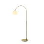 Moderne Lindby Bogenleuchte Cynthia in Gold/Messing mit Glasschirm für Wohnzimmer.
