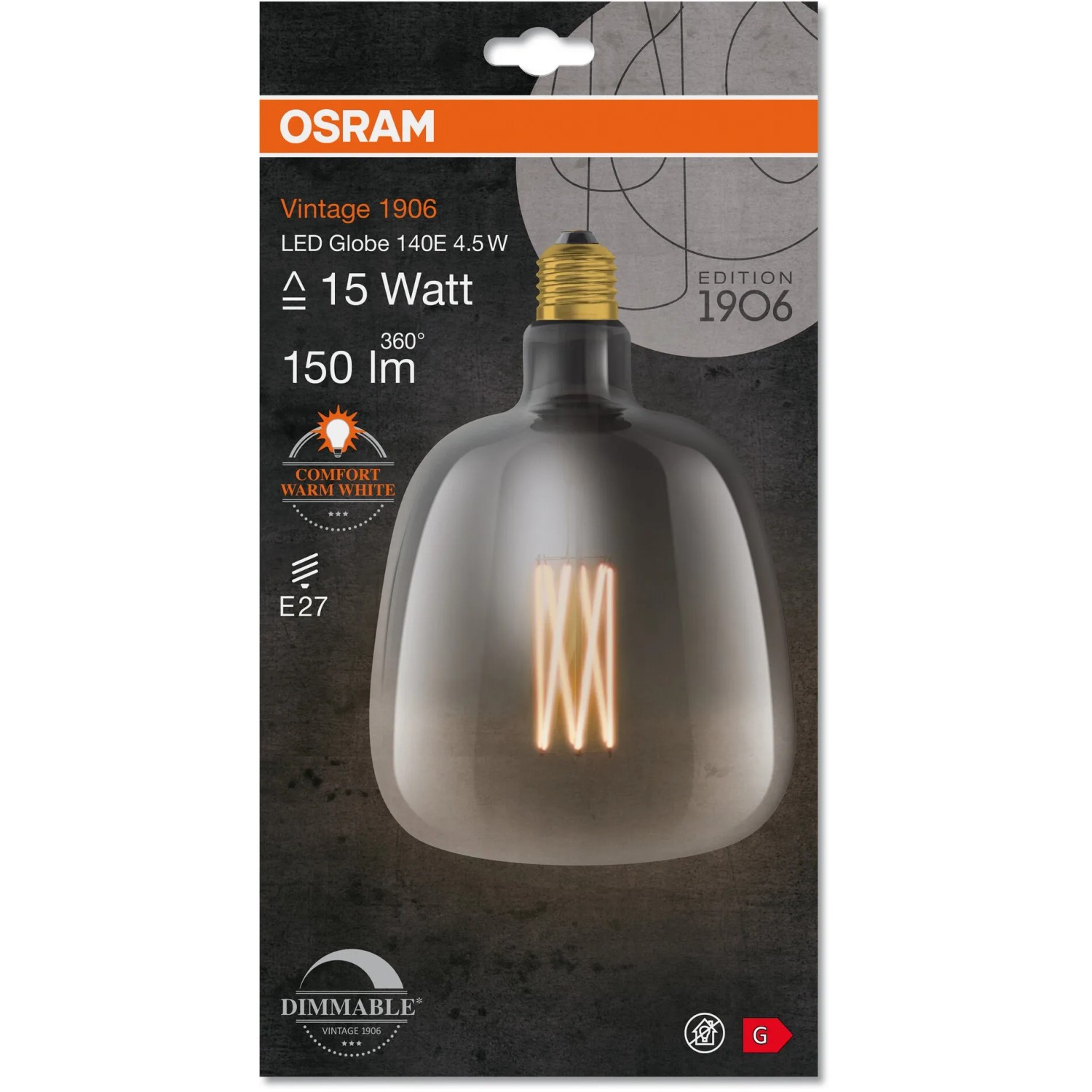 Osram LED-Leuchtmittel E27 Globe, 4,5W, extra warmweiß, 150 lm, 20x14cm