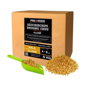 PINI Räucherchips Erle 5 kg, 4-6 mm, ohne Rinde, in Kartonverpackung mit Schaufel und Spänen. Für Grill & Smoker.