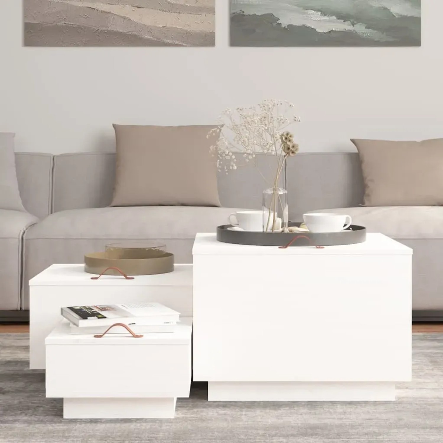 vidaXL Aufbewahrungsboxen, 3 Stk., weißes Kiefernholz, als Couchtisch im Wohnzimmer.