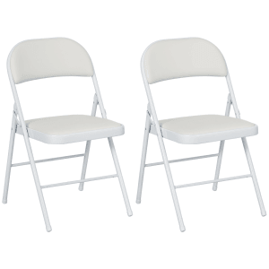Zwei weiße HOMCOM Klappstühle mit Stahlrahmen und Kunstlederbezug.
