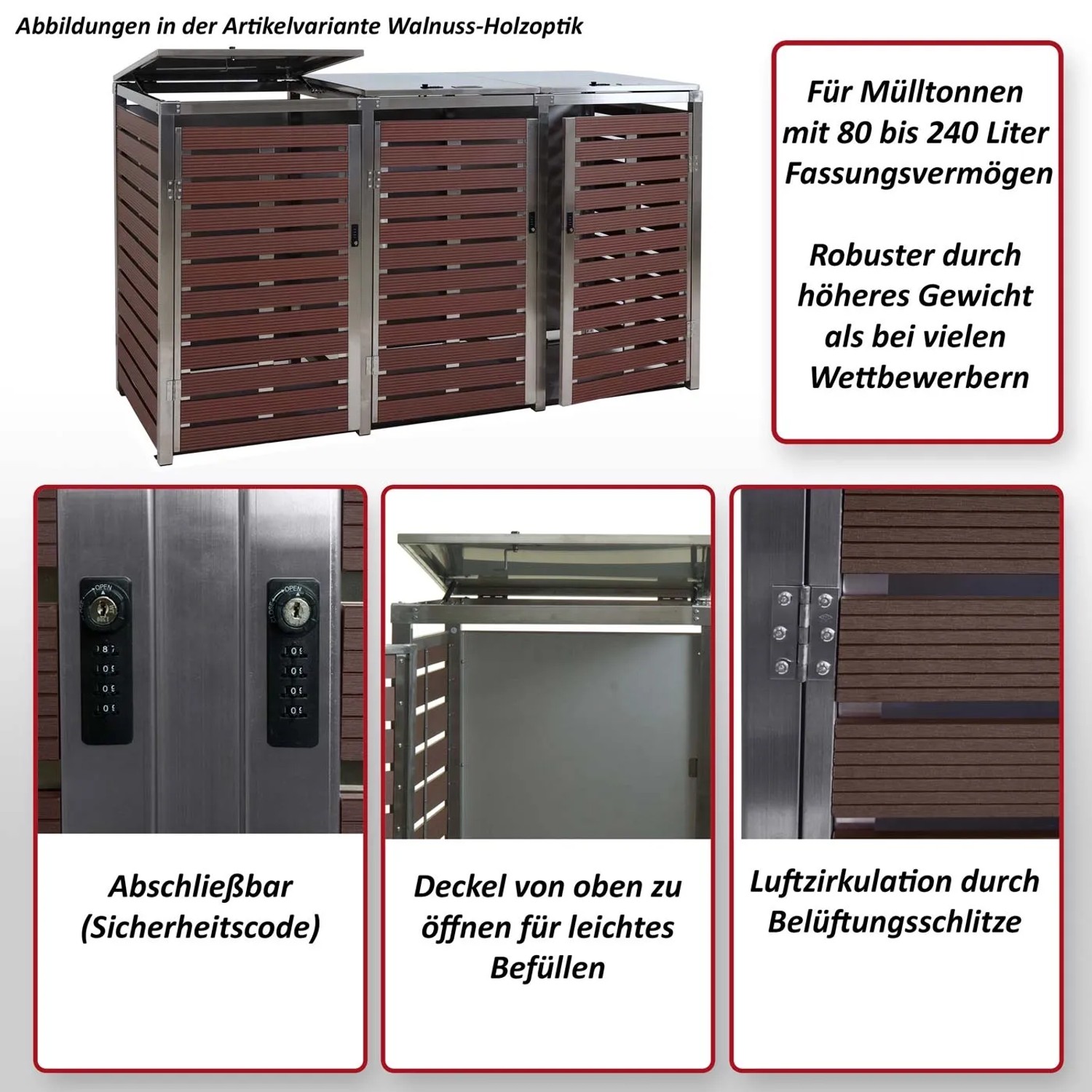 MCW Mülltonnenverkleidung K14 für 3 Tonnen, Walnuss-Holzoptik, abschließbar und mit Belüftung.