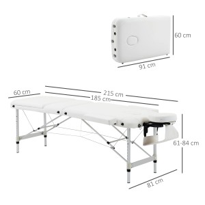 Weiße, klappbare HOMCOM Massageliege mit Aluminiumrahmen und verstellbarer Kopfstütze. Ideal für Wellness und Entspannung.