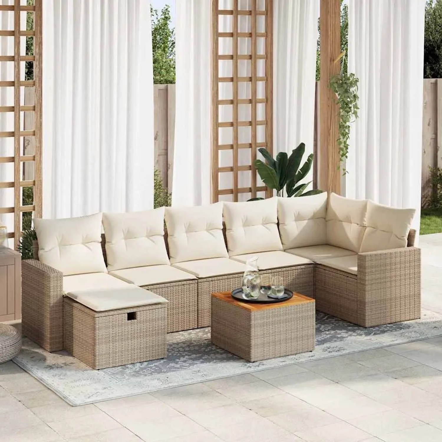 Beige 8-tlg. vidaXL Garten-Sofagarnitur aus Rattan mit Kissen und Tisch für Terrasse oder Garten.