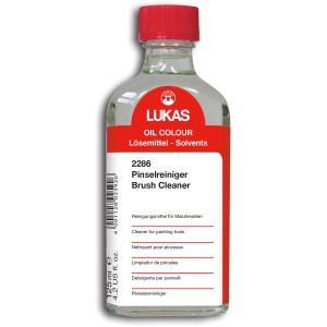 Lukas Pinselreiniger 125ml in Klarglasflasche mit rotem Deckel.